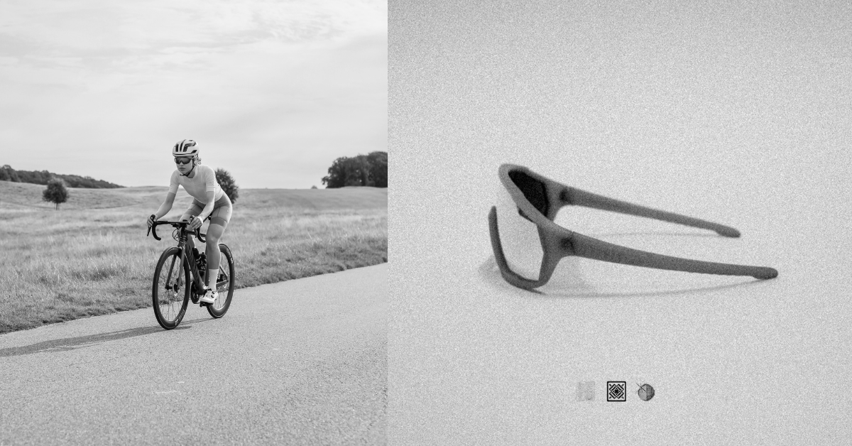 Split image with a cyclist on a road and a close-up of sunglasses on a white background